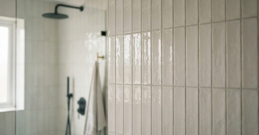 Glossy off-white kitkat finger tiles laid vertically on a bathroom wall next to a walk-in shower with matte black fixtures
