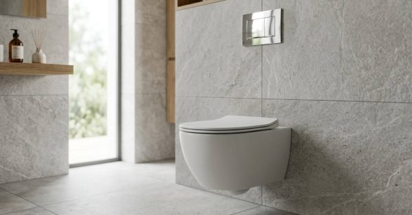 Wall-hung rimless white toilet pan with a polished chrome dual-flush plate mounted on large textured grey stone porcelain wall tiles