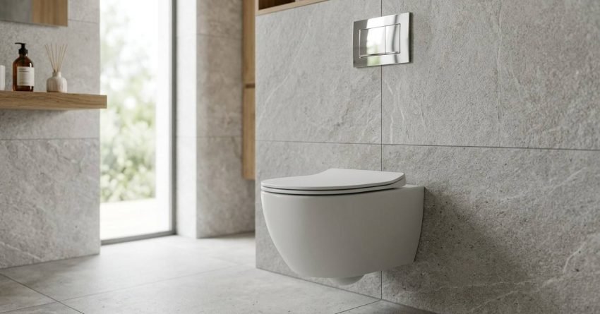 Wall-hung rimless white toilet pan with a polished chrome dual-flush plate mounted on large textured grey stone porcelain wall tiles