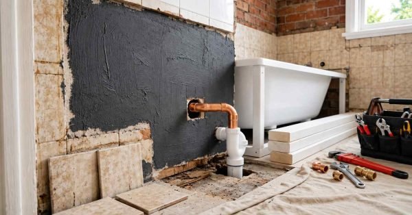 Exposed copper pipe and white PVC drain trap installation against a waterproofed wall with plumbing tools and a white bathtub during renovation