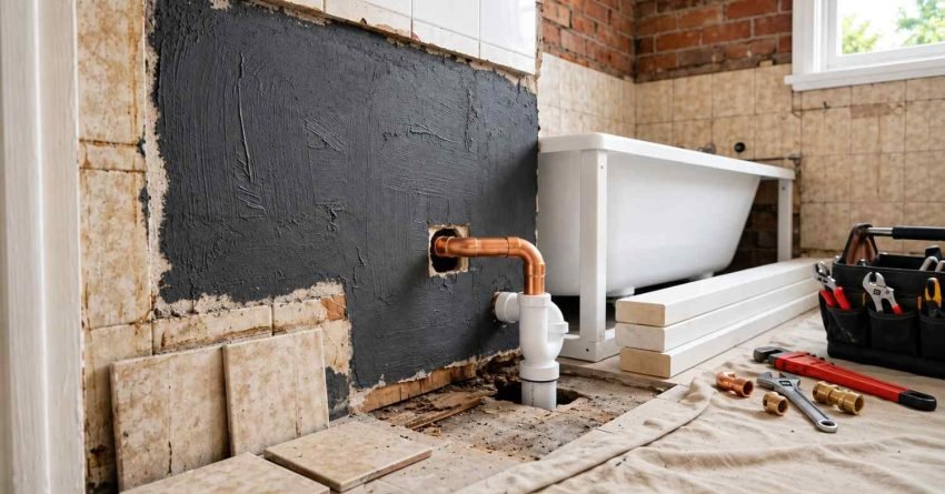 Exposed copper pipe and white PVC drain trap installation against a waterproofed wall with plumbing tools and a white bathtub during renovation