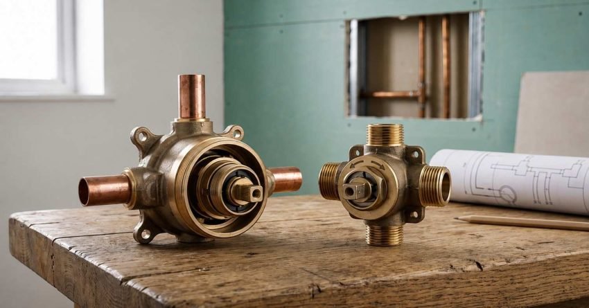 Solid brass rough-in shower mixing valve and diverter body displayed on a wooden workbench in front of framed bathroom walls
