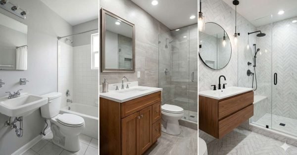 Comparison of bathroom renovations at $5000, $10000, and $20000 showing increasing quality from basic refresh to modern premium upgrade