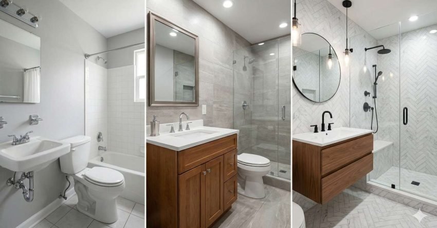 Comparison of bathroom renovations at $5000, $10000, and $20000 showing increasing quality from basic refresh to modern premium upgrade