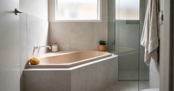 Beige drop-in corner bathtub built into a light grey tiled surround with white wall-mounted spout and adjacent glass walk-in shower