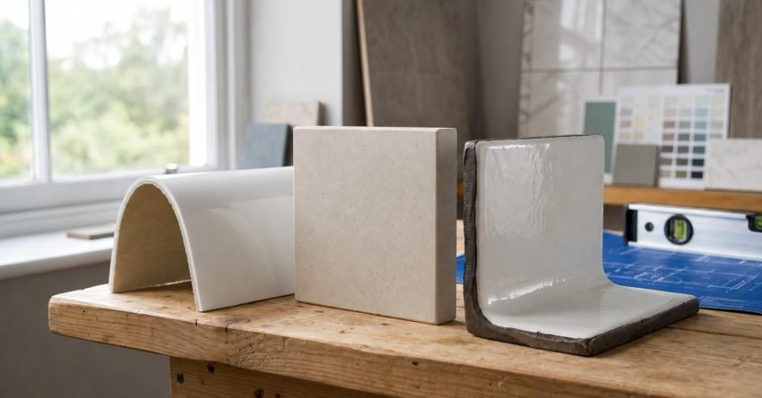 Bathtub material samples showing glossy curved acrylic, solid surface stone resin block, and glazed ceramic on a wooden workbench with blueprints