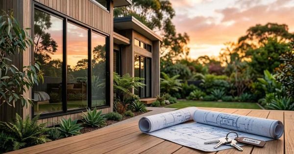 Rolled architectural blueprints and a keyring labeled 'SYDNEY' on an outdoor timber deck overlooking a modern wooden granny flat and landscaped garden at sunset