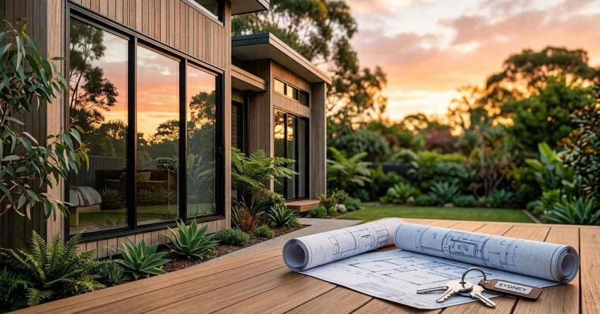 Rolled architectural blueprints and a keyring labeled 'SYDNEY' on an outdoor timber deck overlooking a modern wooden granny flat and landscaped garden at sunset