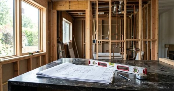 Architectural blueprints, a spirit level, pencil, and tape measure on a dark marble kitchen island countertop in front of exposed wall studs and plumbing during a home renovation