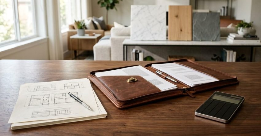 An open brown leather document portfolio case, architectural sketches with a mechanical pencil, and a calculator on a wooden desk, with marble and wood finish sample boards displayed in the background