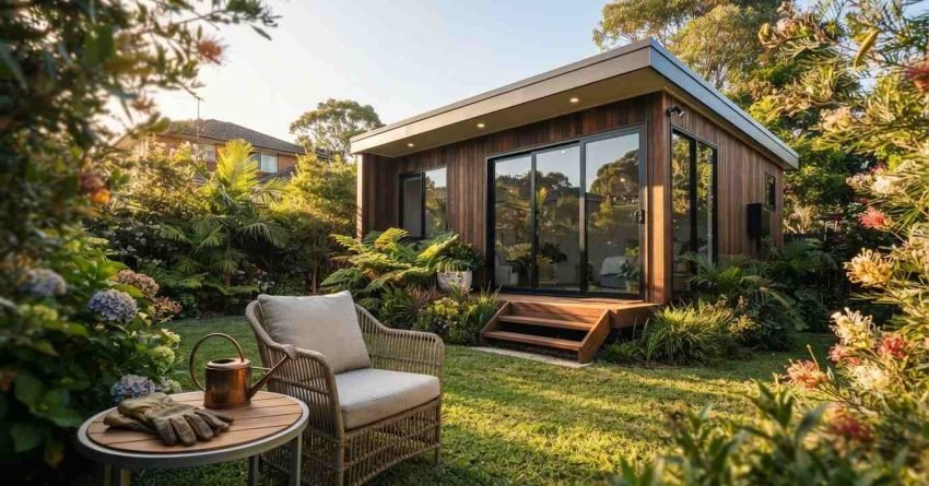 A contemporary wood-clad backyard granny flat with sliding glass doors and front steps, viewed from a sunlit lawn beside a wicker armchair, copper watering can, and gardening gloves