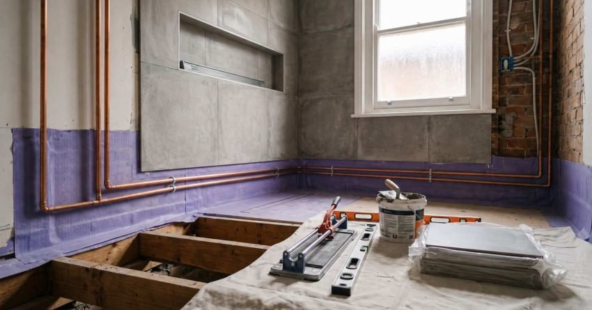 Bathroom renovation in progress with waterproofing membrane, large format wall tiles, plumbing, and tile installation tools