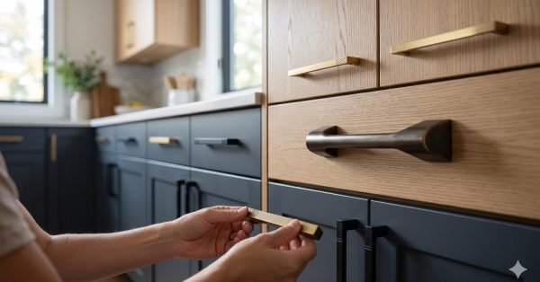 Modern kitchen cabinet pulls in 2026 styles including brass, matte black, and sculptural handles with mixed finishes and textures