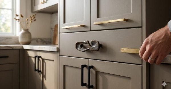 Modern kitchen cabinet pulls in 2026 styles including brass, matte black, and sculptural handles with mixed finishes and textures