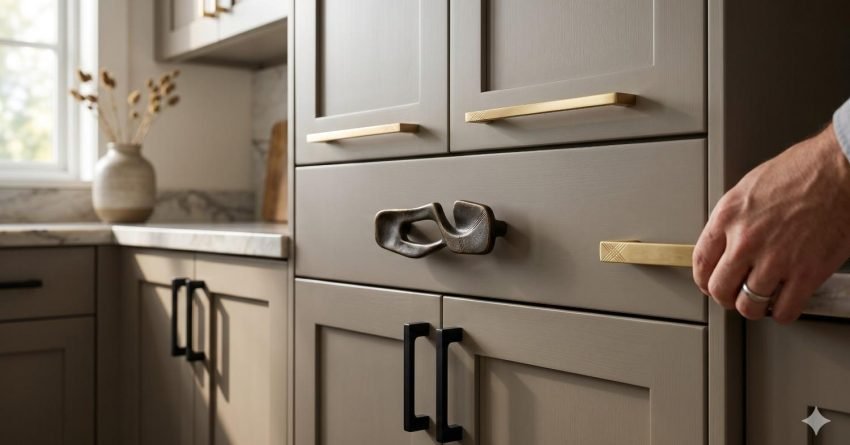 Modern kitchen cabinet pulls in 2026 styles including brass, matte black, and sculptural handles with mixed finishes and textures
