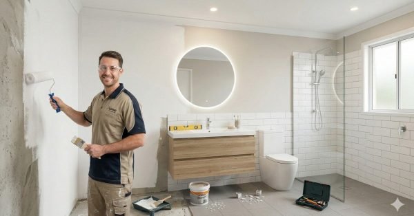 bathroom renovation in Australia for 10000 showing budget upgrade with new vanity tiles and shower