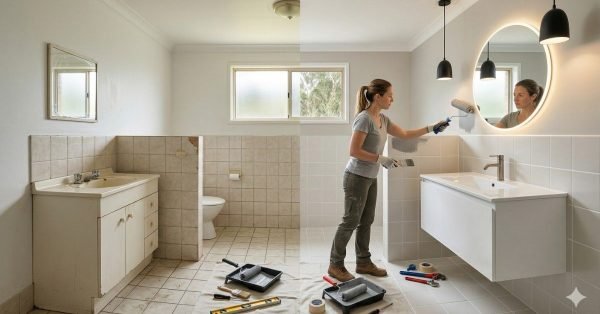 bathroom renovation under 5000 showing before and after budget makeover with simple upgrades