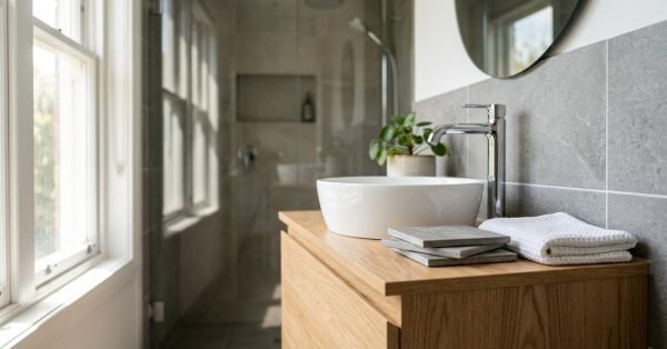 Wall-hung light oak timber vanity with a round white ceramic vessel sink, tall polished chrome mixer tap, and stacked grey tile coasters against grey wall tiles