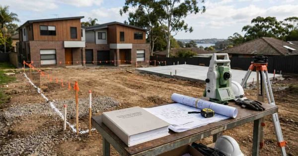 Text: Residential construction site with surveying equipment, blueprints, and foundation slab ready for new home construction