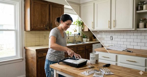 Budget kitchen makeover with painted cabinets, new handles, and peel-and-stick backsplash showing a low-cost renovation approach