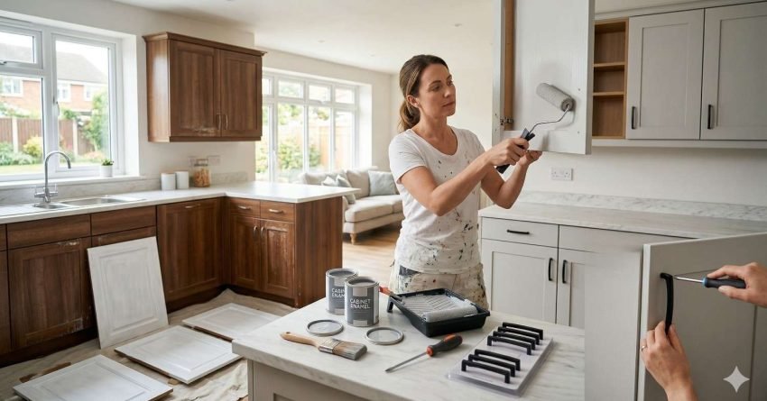 Homeowner updating kitchen cabinets by painting and replacing handles as a low-cost renovation method