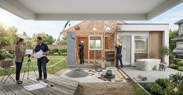 granny flat construction process showing planning building and finished backyard secondary dwelling