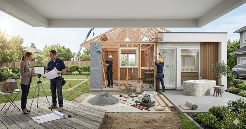 granny flat construction process showing planning building and finished backyard secondary dwelling