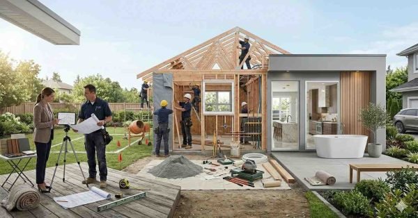 home extension process showing planning construction and finished modern house addition with open plan design
