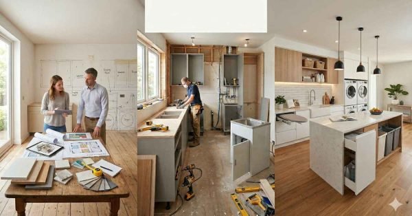 complete laundry renovation process showing planning construction and finished modern laundry room with storage and appliances