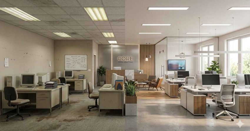 office renovation process showing planning construction and finished modern workspace with desks and meeting rooms