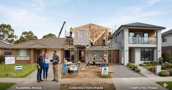 second storey addition process showing planning construction and finished two storey home transformation