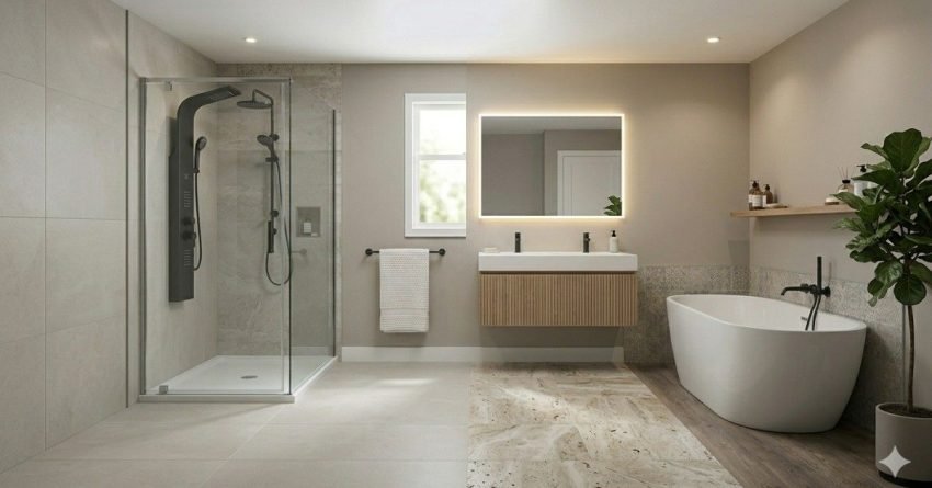 current bathroom flooring trends 2026 showing large format tiles natural stone textures and wood look vinyl flooring