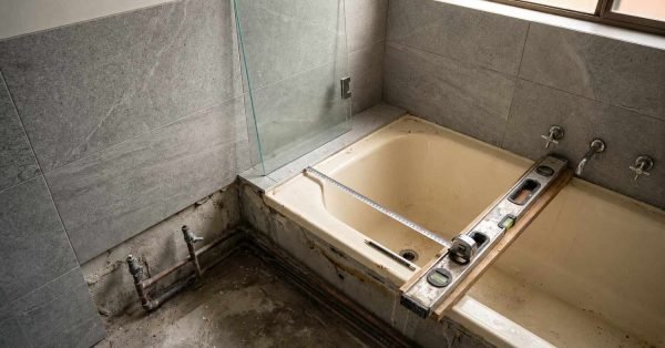 Measuring an old yellow bathtub during renovation using a tape measure, pencil, and wooden spirit level next to exposed plumbing