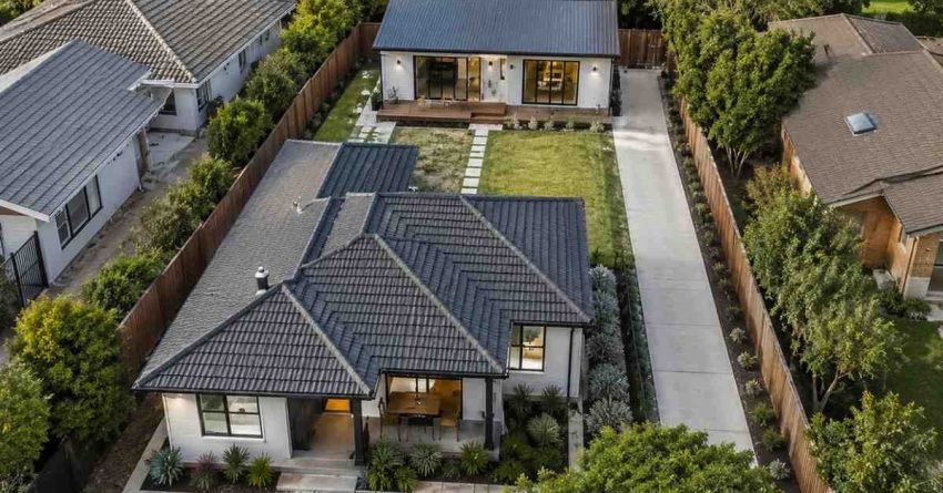 Aerial view of an Australian suburban property featuring a detached granny flat behind a primary residence, showing realistic lot layout, private access, landscaped surroundings, and efficient use of residential land.