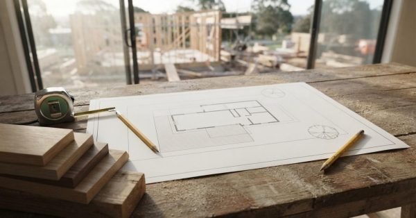 An architectural floor plan blueprint with yellow pencils, timber flooring samples, and a measuring tape on a wooden workbench overlooking a timber-frame house under construction
