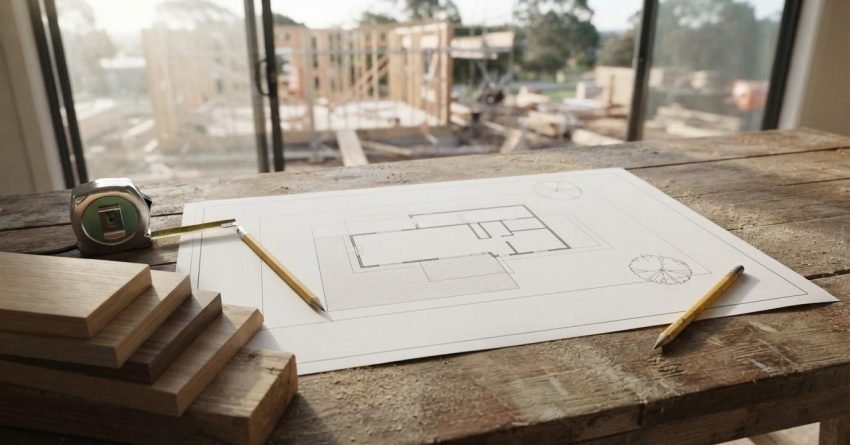 An architectural floor plan blueprint with yellow pencils, timber flooring samples, and a measuring tape on a wooden workbench overlooking a timber-frame house under construction