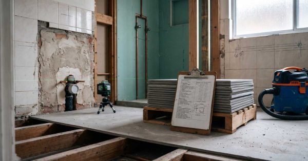 Bathroom renovation in progress with waterproof wall panels, exposed plumbing, laser level, stacked tiles, and construction checklist for residential home remodeling