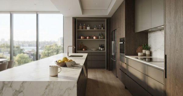 A steaming ceramic mug and a bowl of lemons on a white veined marble waterfall kitchen island in a contemporary apartment kitchen featuring dark wood cabinetry, an integrated butler's pantry, and expansive city-view windows