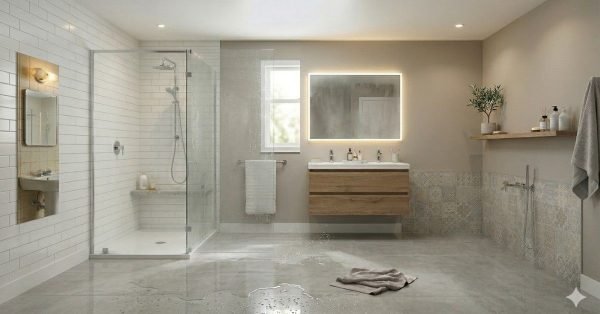 walk in shower showing water splash outside glass panel and design drawbacks like lack of privacy and cleaning issues