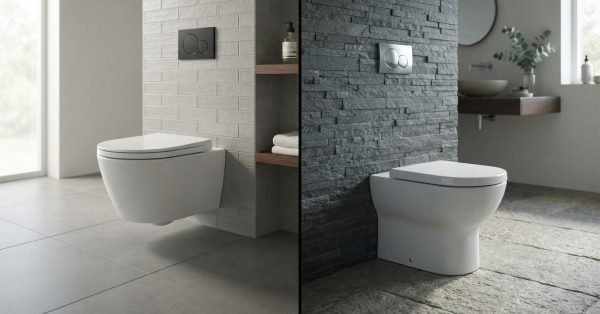 Split comparison showing a wall-hung floating toilet on a light grey brick tile wall on the left versus a floor-mounted back-to-wall toilet on a dark stacked stone wall on the right