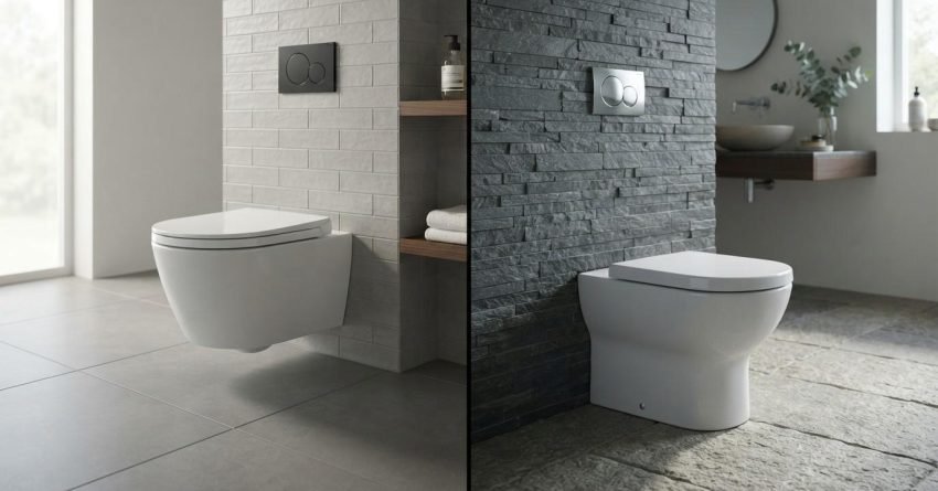 Split comparison showing a wall-hung floating toilet on a light grey brick tile wall on the left versus a floor-mounted back-to-wall toilet on a dark stacked stone wall on the right