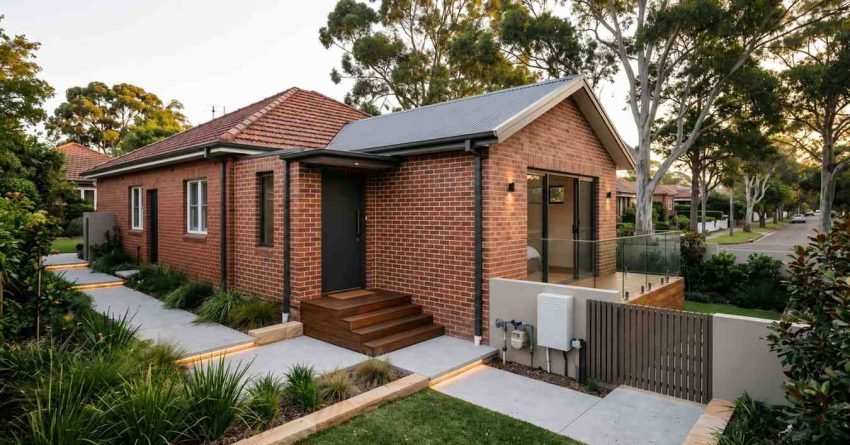 Modern brick house extension with contemporary architecture, landscaped front yard, and renovated residential home exterior in a suburban neighborhood