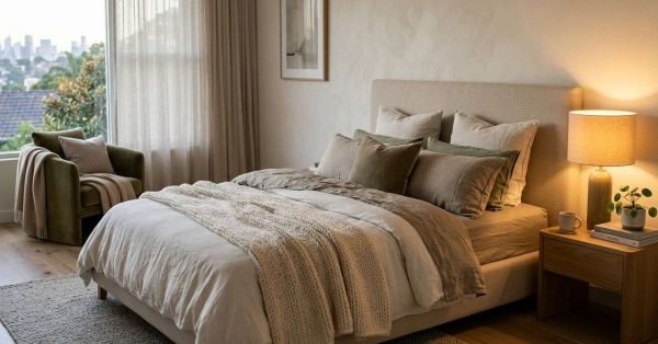 Upholstered beige platform bed layered with washed linen bedding in earthy neutral and olive green tones beside an illuminated oak bedside table in a serene primary bedroom