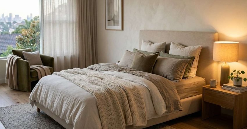 Upholstered beige platform bed layered with washed linen bedding in earthy neutral and olive green tones beside an illuminated oak bedside table in a serene primary bedroom