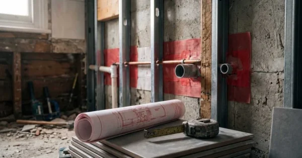 Bathroom plumbing rough-in during renovation with exposed wall framing, water supply and drain pipes, construction blueprints, and measuring tools for a residential bathroom remodel
