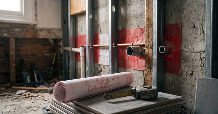 Bathroom plumbing rough-in during renovation with exposed wall framing, water supply and drain pipes, construction blueprints, and measuring tools for a residential bathroom remodel