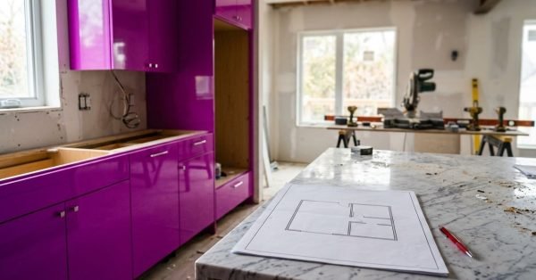 A modern kitchen under renovation featuring glossy neon purple cabinets, a marble island countertop with floor plan blueprints and a red pen, and power tools in the background