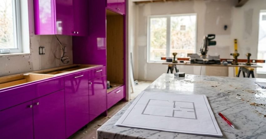 A modern kitchen under renovation featuring glossy neon purple cabinets, a marble island countertop with floor plan blueprints and a red pen, and power tools in the background