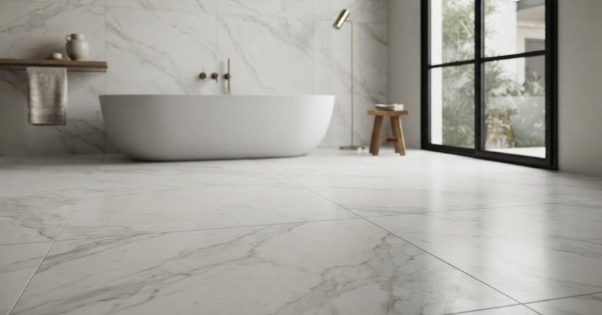 Freestanding white soaking bathtub on large white marble floor tiles in a luxury modern bathroom with black framed glass doors