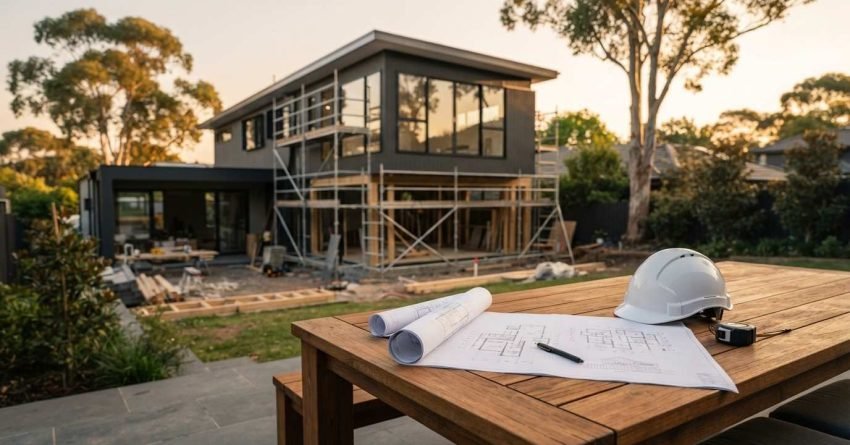 Architectural blueprints with a pen, rolled floor plans, a tape measure, and a white hard hat on an outdoor wooden table in front of a modern two-story home undergoing a rear second-story addition with scaffolding